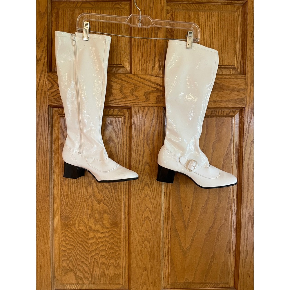 1960s 70s White Patent Gogo Boots Japan Mod Knee High Buckle Size 7 Costume